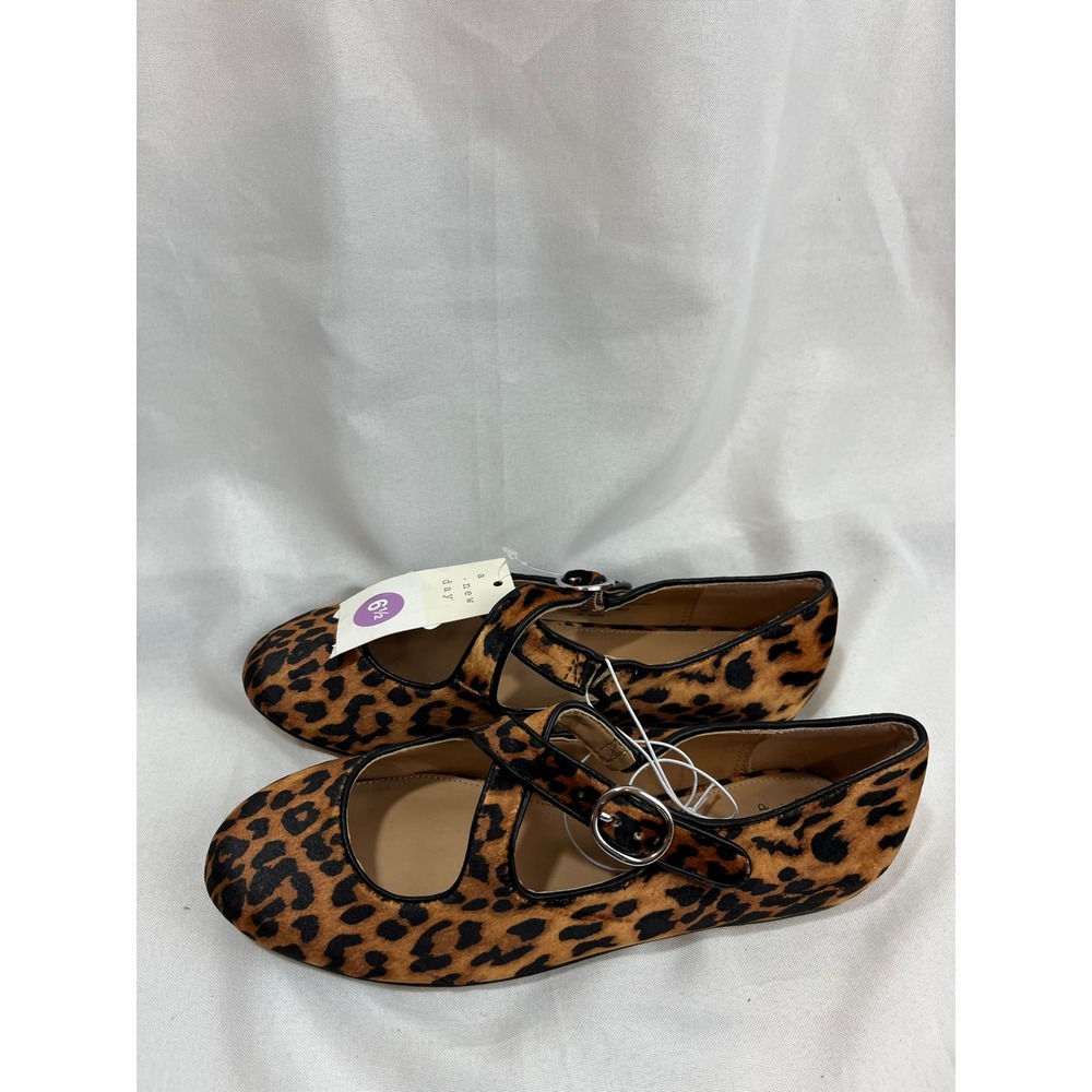 A New Day Womens Leopard Print Mary Jane Flats Brown Black Cheetah Buckle 6.5